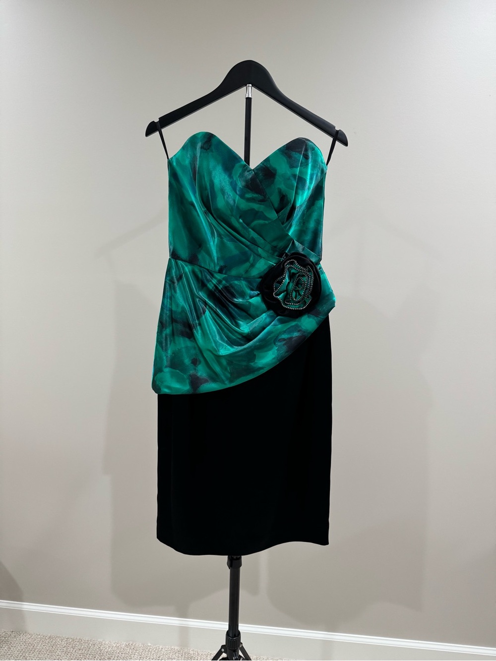 Strapless Emerald Green and Black Midi Dress with Draped Bodice
